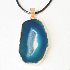Blue Druzy Agate Teardrop Necklace Geode Slice Gold Edge Pendant Cord Raw Beauty